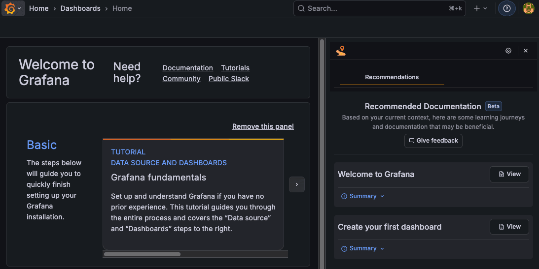 A screenshot showing the Recommended Documentation feature for Interactive Learning in Grafana.