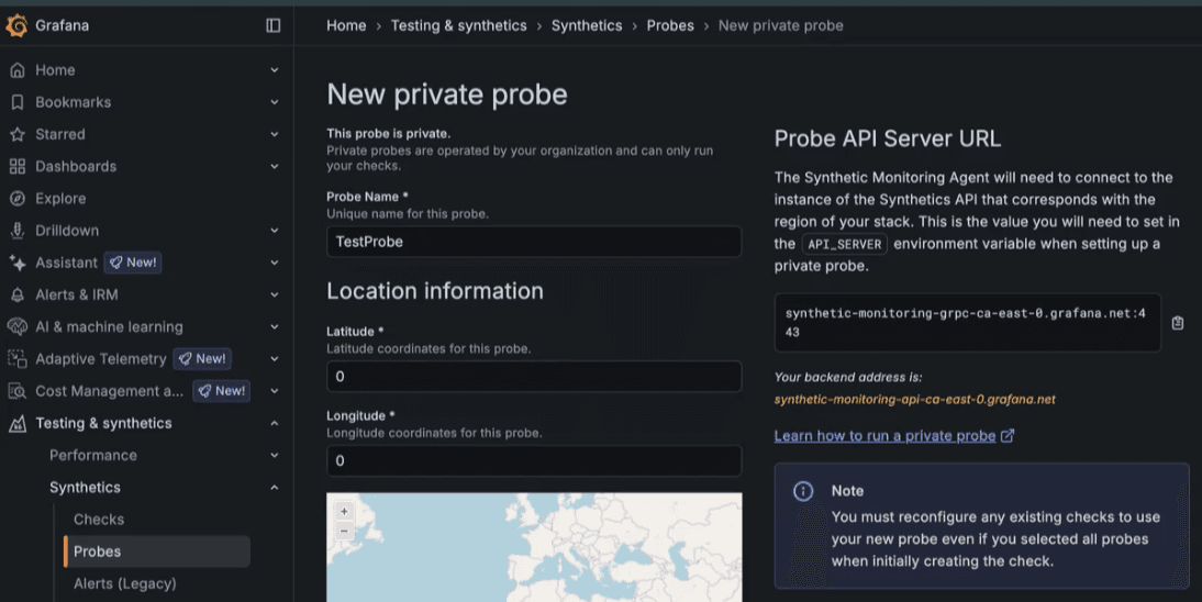 Grafana Cloud interface showing settings for creating a new private probe with fields for name, location, and API URL. A map is partially visible.