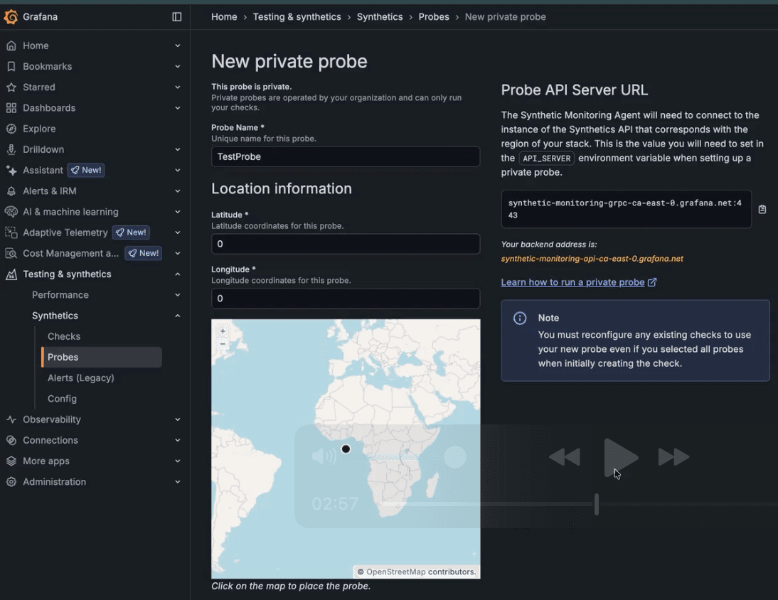Grafana Cloud interface for setting up a private probe, featuring location selection on a world map and detailed setup instructions.