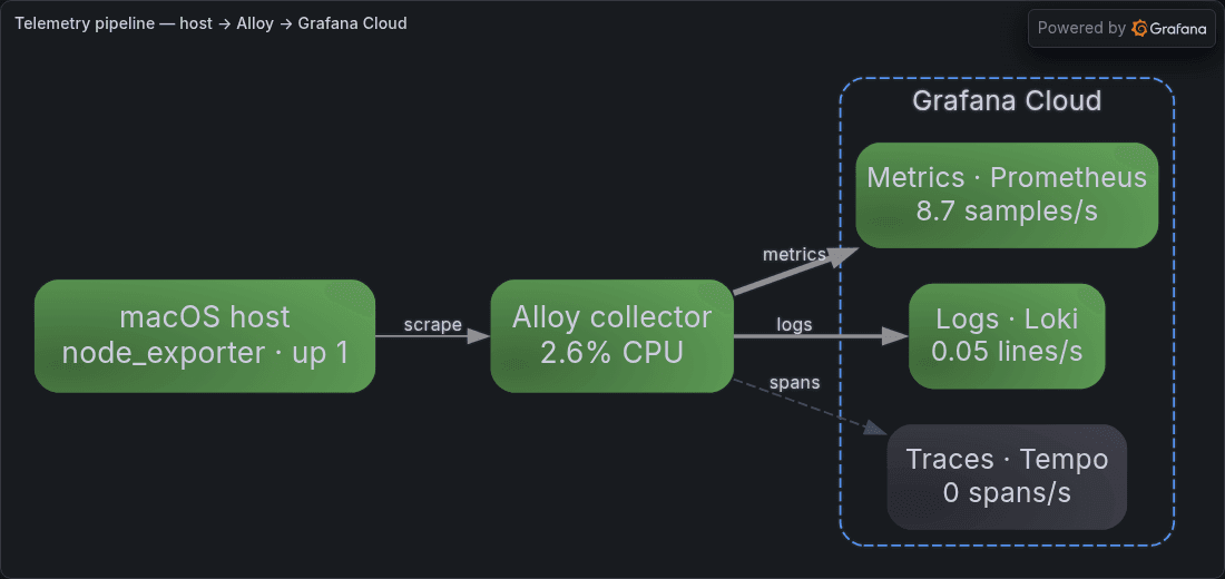 The telemetry pipeline for an e-commerce store. The data flows from the host's node_exporter → Alloy → out to Grafana Cloud, fanning into metrics, logs, and traces.