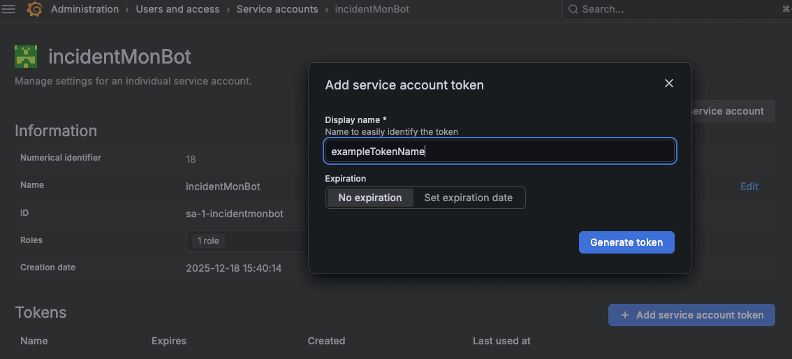 Service account token creation window titled "Add service account token" with fields for display name and expiration date options.