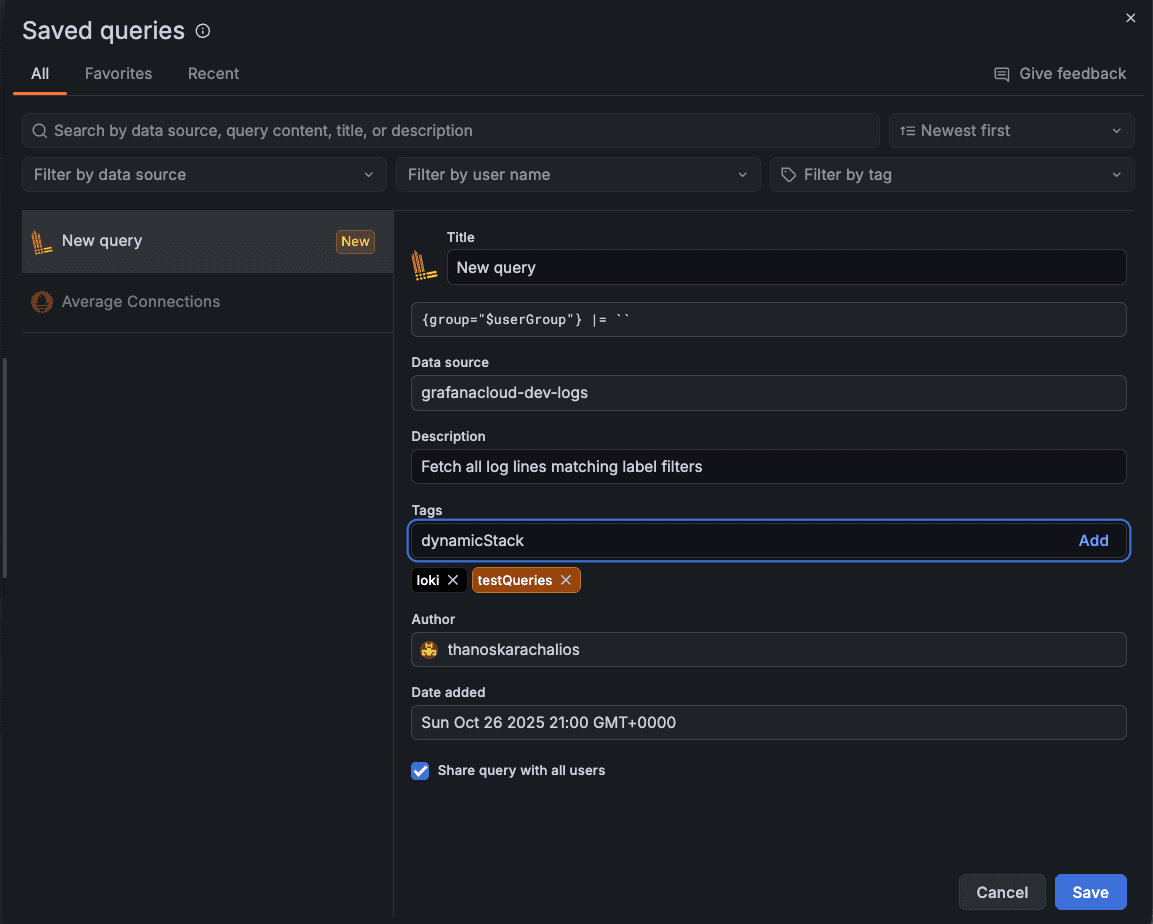 Screenshot of the "Saved queries" drawer showing a query setup with fields for title, description, tags, author, and date.