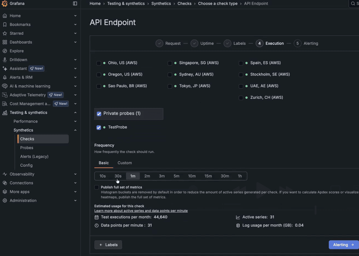 Grafana Cloud interface showing API Endpoint settings with regions like Ohio and Singapore, request frequency options, and private probe selection highlighted.