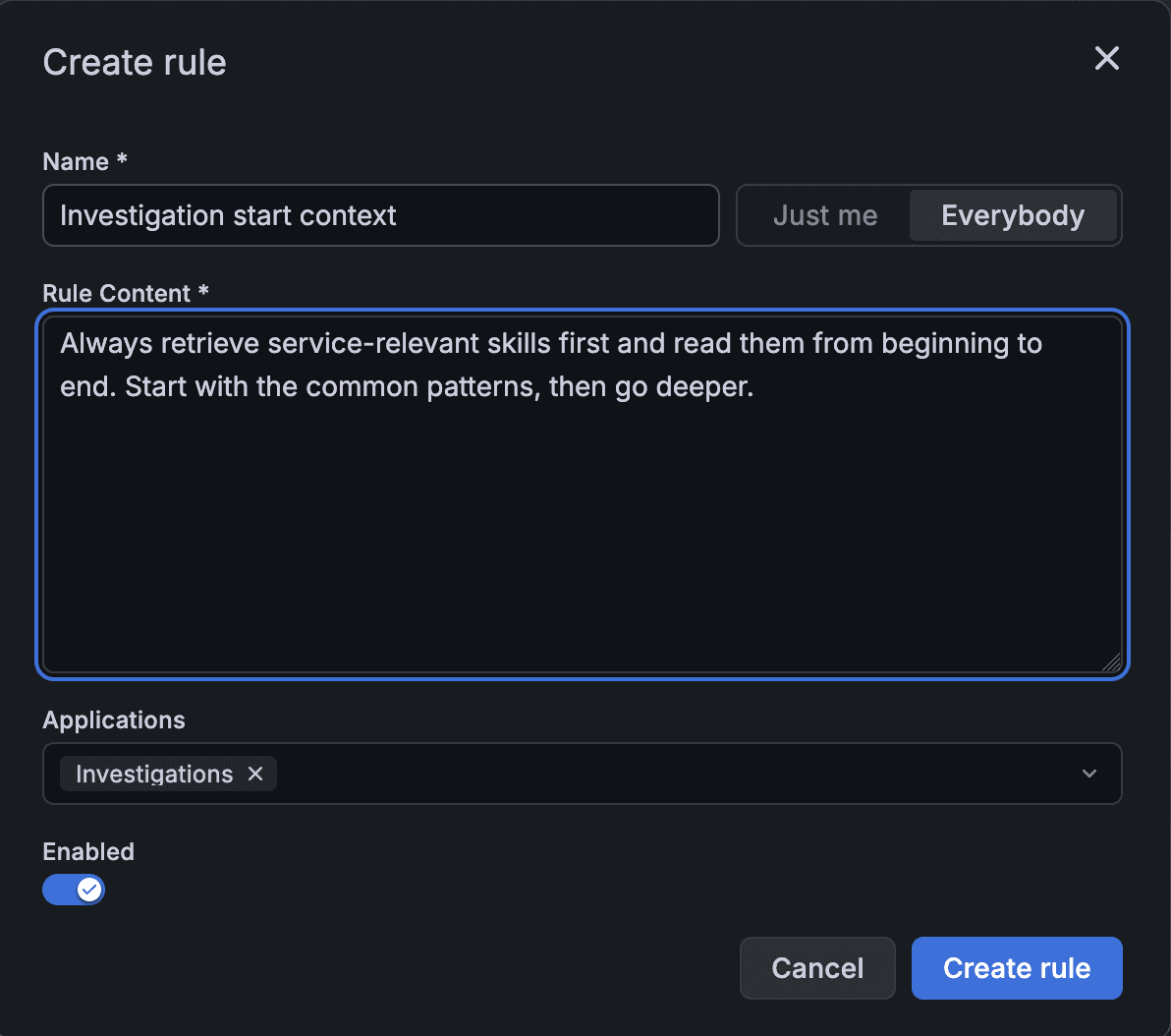 A rule is created to retrieve service-relevant skills first and read them from beginning to end.