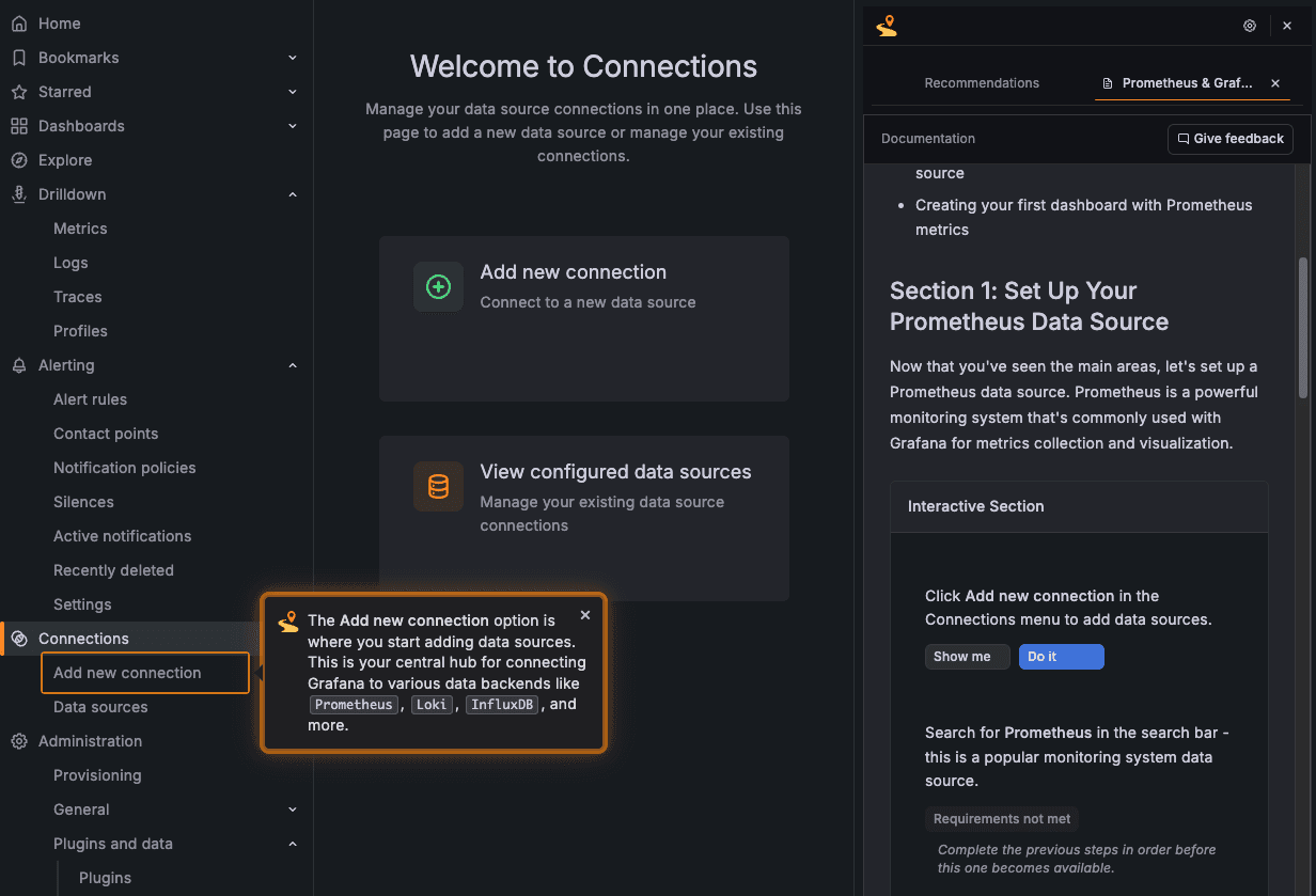 A screenshot of the Grafana UI, featuring step 1 of the Prometheus 101 tutorial.