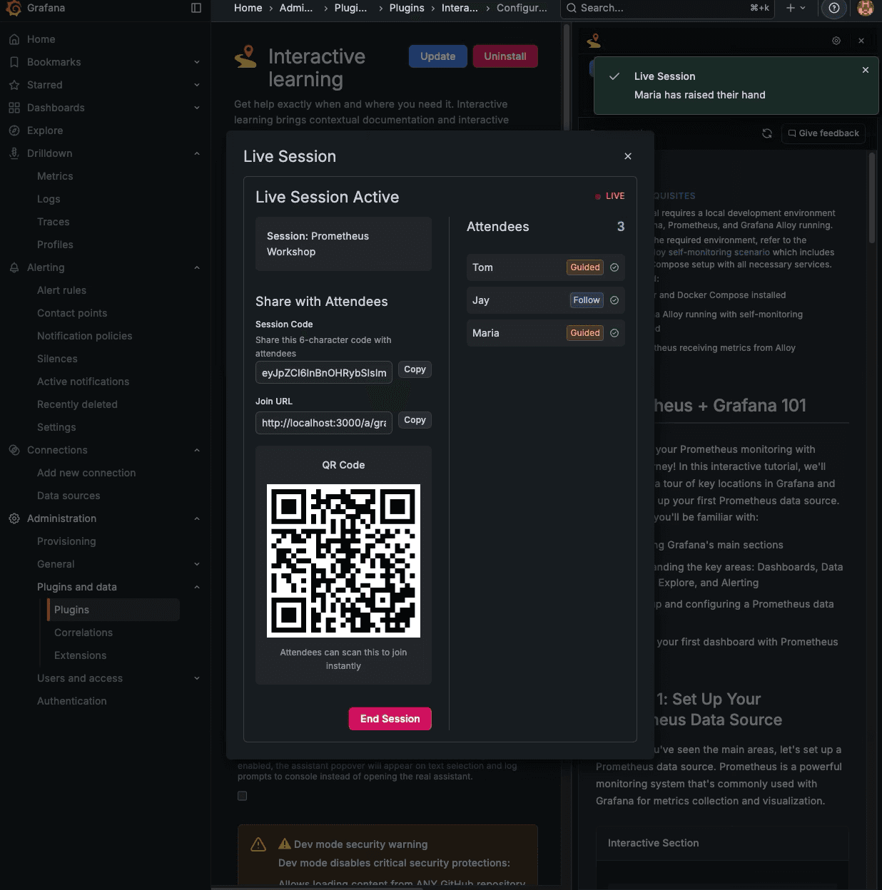 A screenshot of the Grafana UI with a box that says "Live Session" and a QR code.