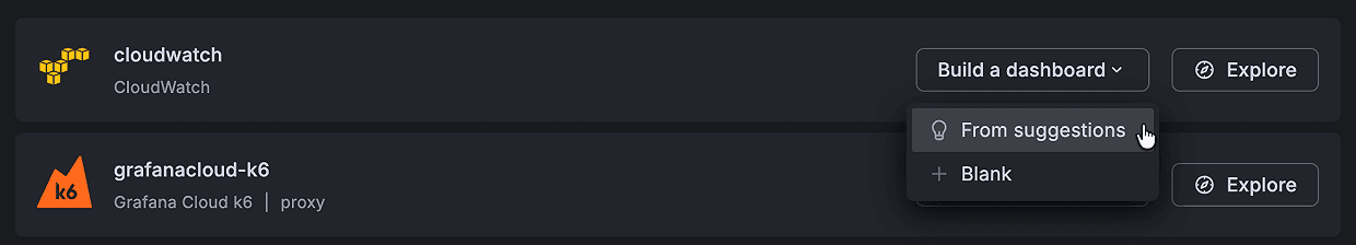 A screenshot of drop-down menu called "Build a dashboard," showing two options: "From suggestions" or "Blank"
