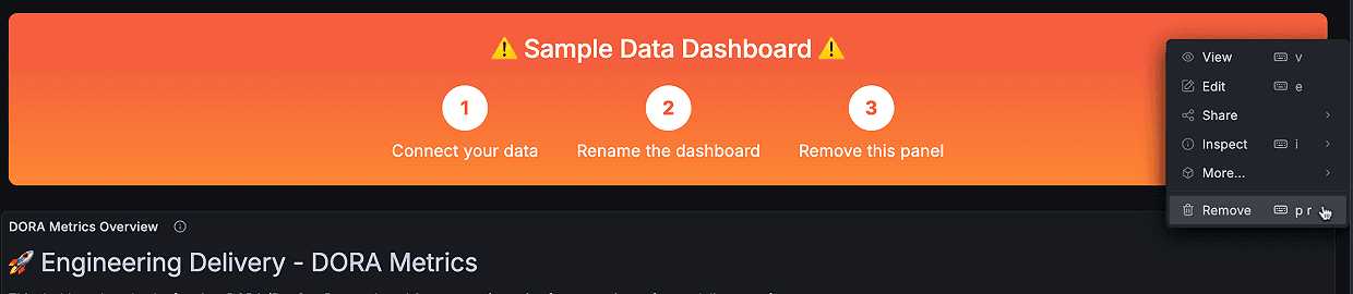 Dashboard interface with orange header displaying "Sample Data Dashboard" and steps to connect data. Context menu with options, including remove, visible on the right.