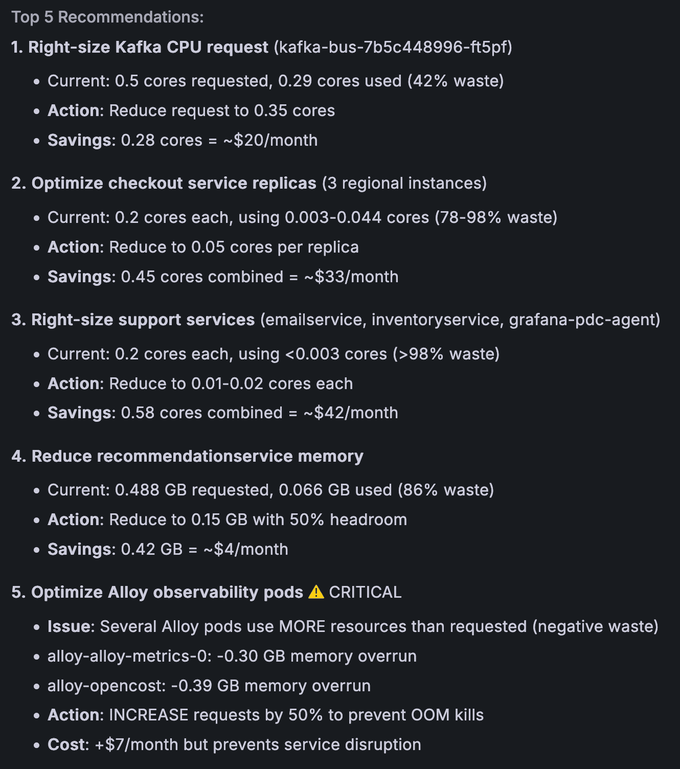 List of top 5 recommendations for system optimizations with actions, savings, and critical notes on observability pods.