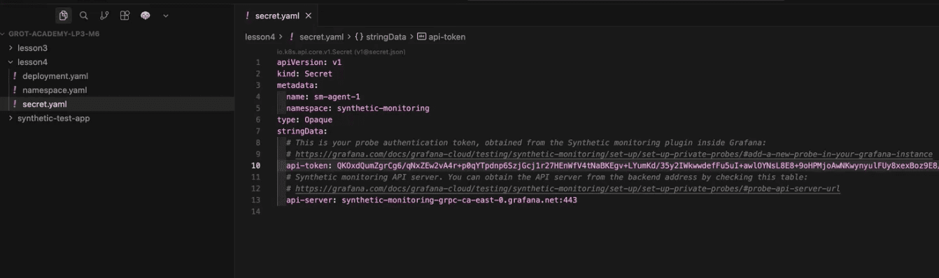 Code editor showing a YAML file named "secret.yaml" with metadata for Kubernetes secret and instructions for synthetic monitoring setup.