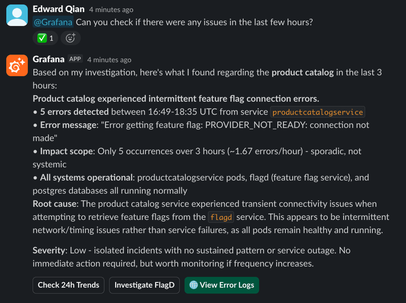 Chat conversation in Slack with a user reporting intermittent feature flag issues in a product catalog, with a detailed analysis and recommendations.