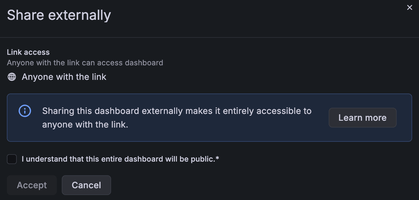 A screenshot of terms to accept for sharing a dashboard external.
