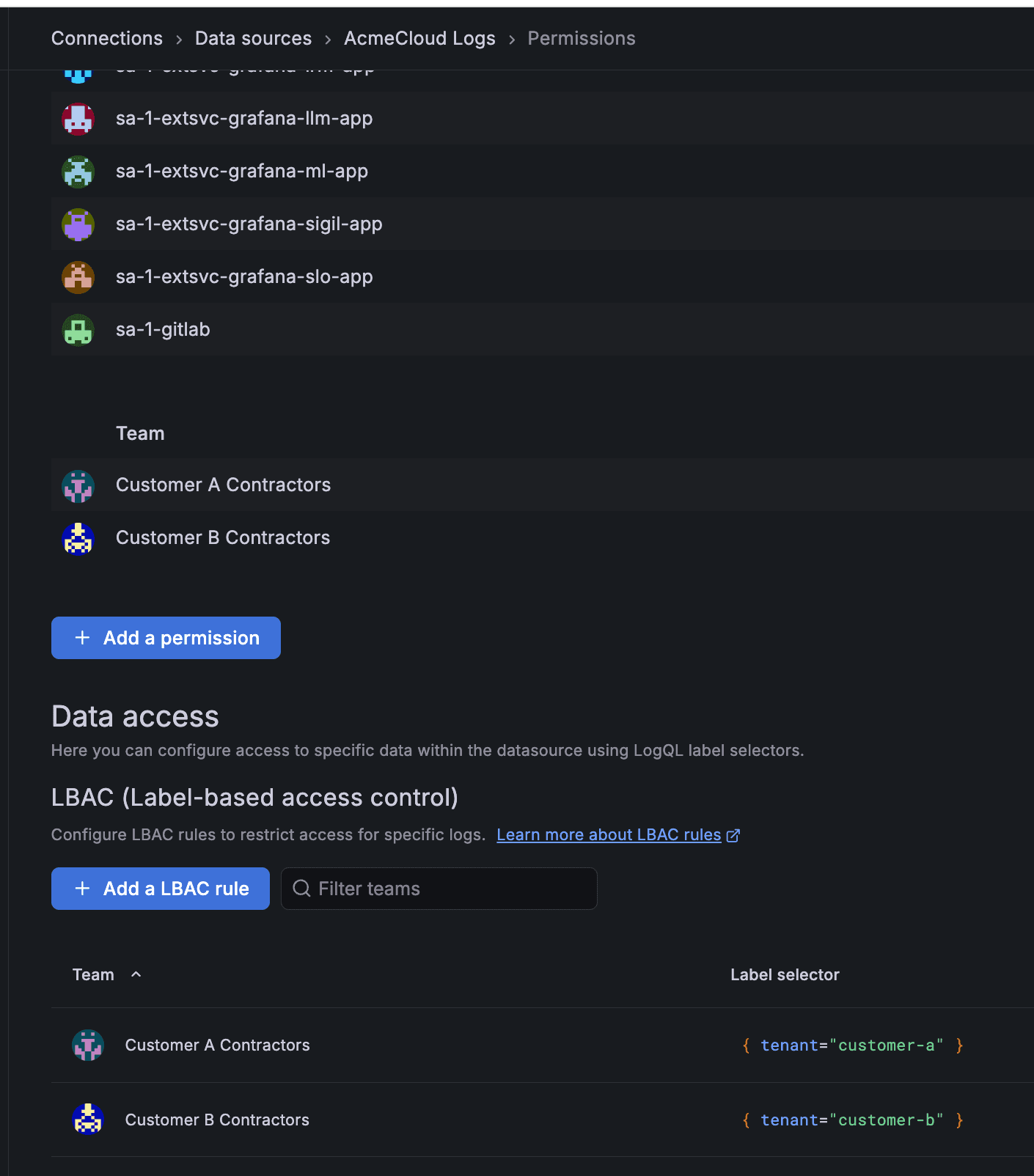 Permissions menu showing the ability to add a LBAC rule