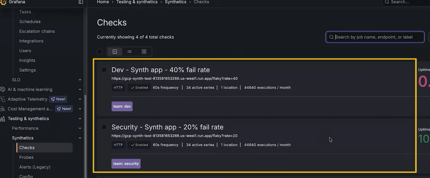 A screenshot show two synthetic monitoring checks: one for dev-synth app and one for security-synth app.