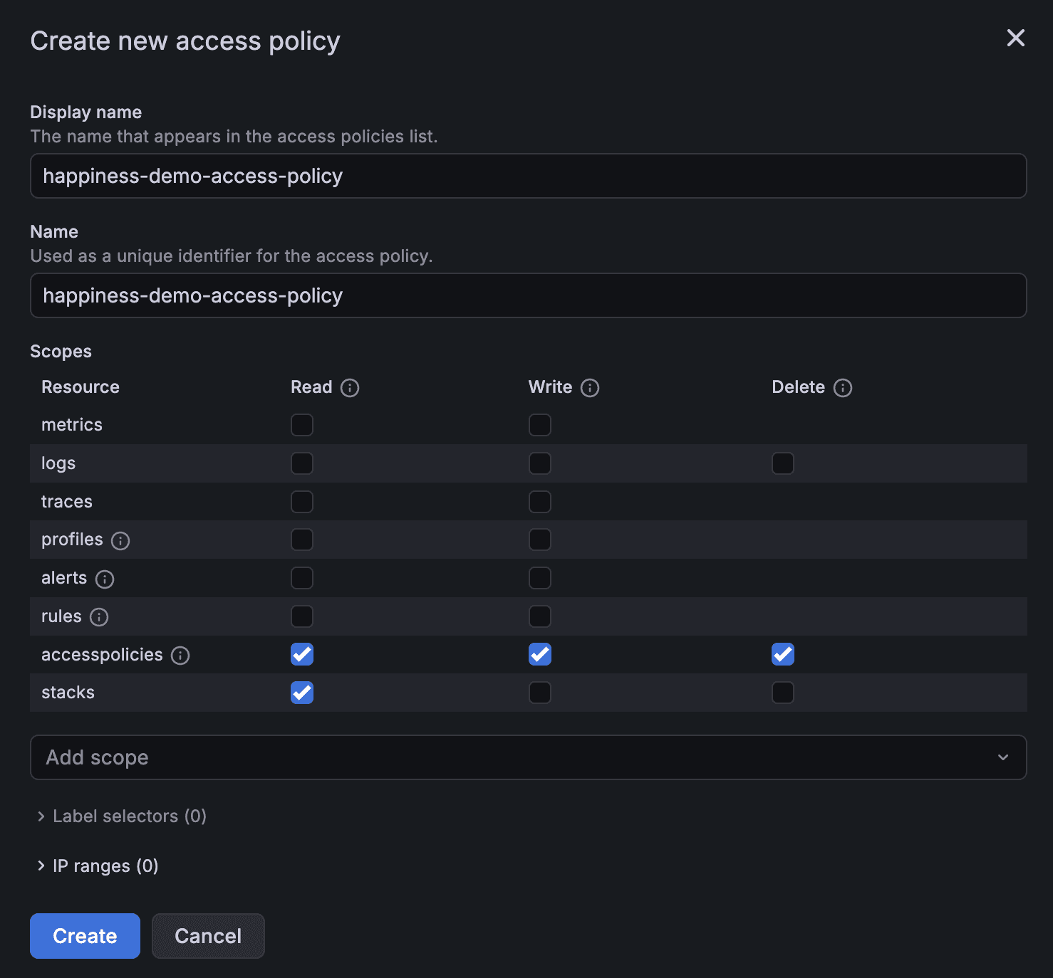 Creating a new policy in Grafana Cloud with read, write, and delete checked for accesspolicies scope, as well as read access for stacks