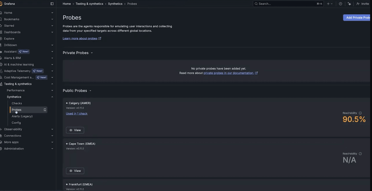Grafana Cloud interface showing private and public probes with locations in Calgary, Los Angeles, and Cape Town. Network scores are displayed.