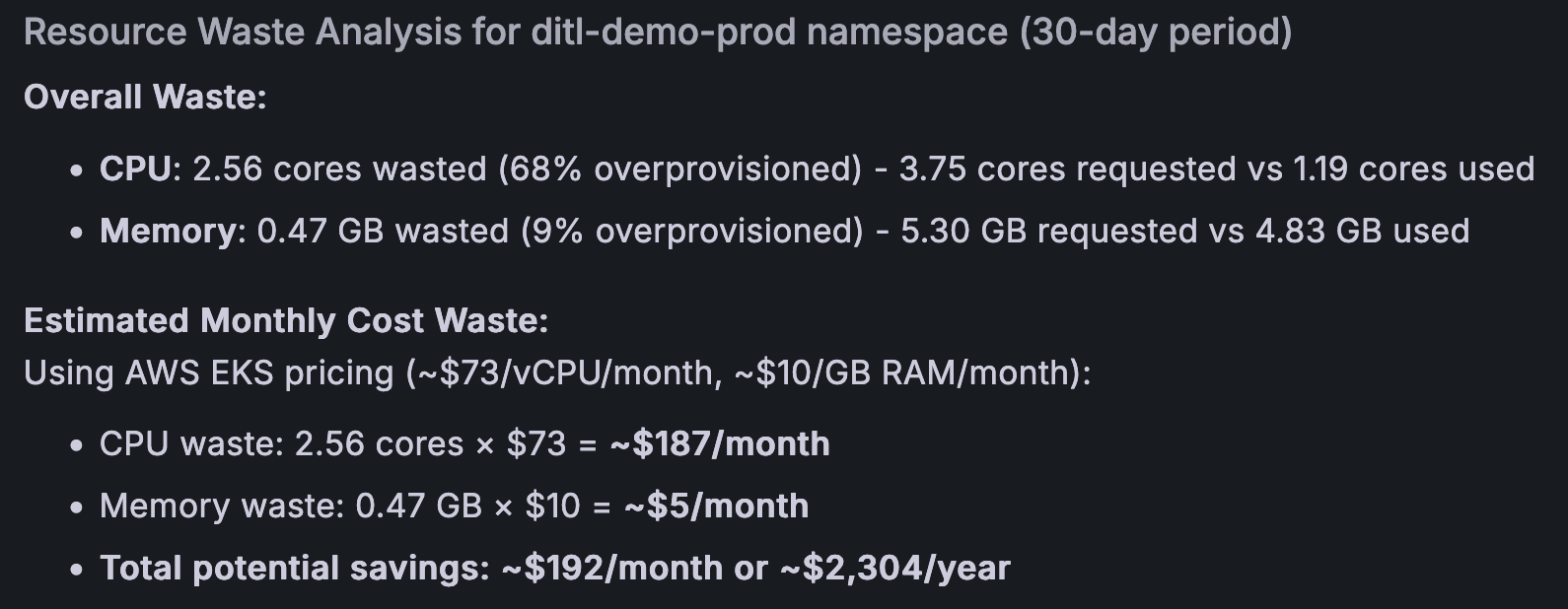 Interface showing a resource waste analysis: CPU and memory overprovisioning, cost estimations using AWS EKS pricing, and potential savings calculation.