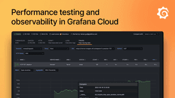 Screenshot of Grafana Cloud interface showing performance testing data with graphs and metrics, against an orange gradient background.
