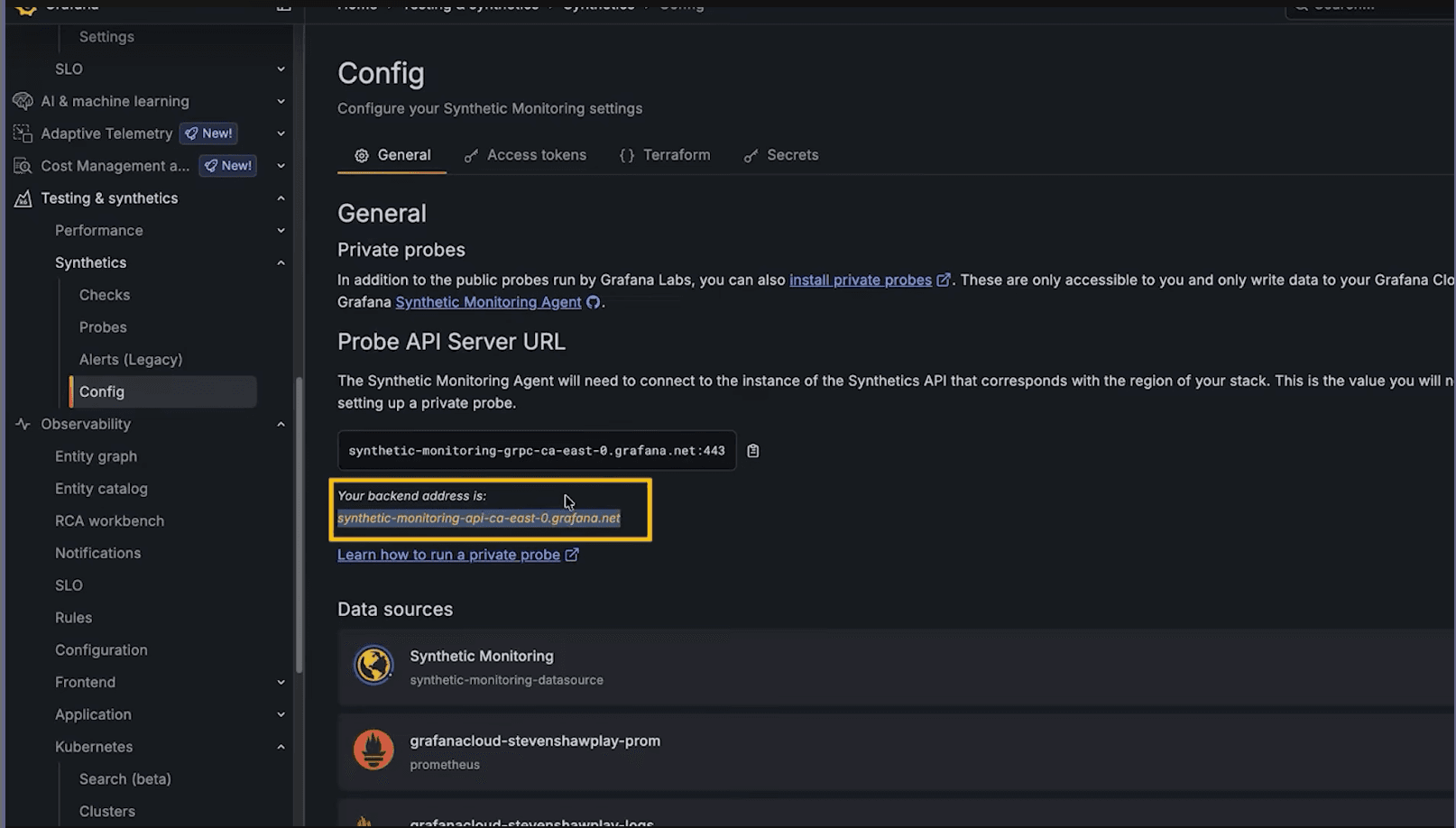 A screenshot of a UI that says "Config" at the top and has a yellow box around the Probe API Server URL section.