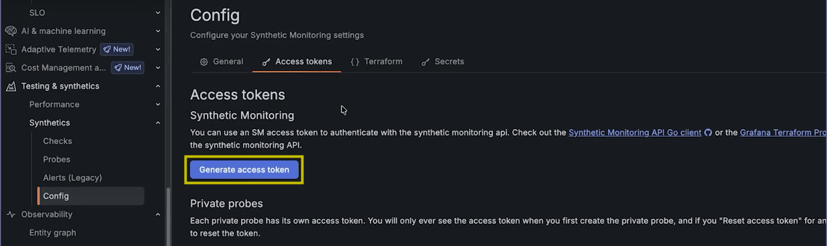 A screenshot of a Config page, with a yellow box around a button that says "Generate access token."