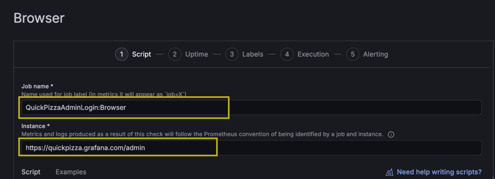 A Grafana Cloud browser window with settings for a script job, including fields for job name and instance URL: quickpizza.grafana.com/admin.
