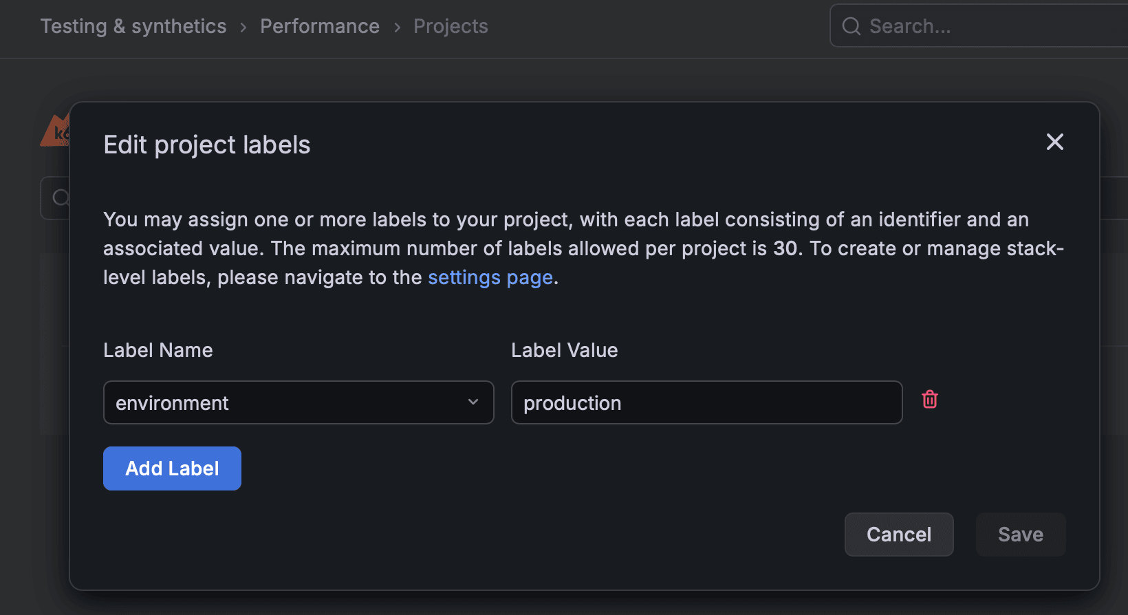 A screenshot show a Label name set as "environment" and a Label value set as "production" for performance testing cost attribution.