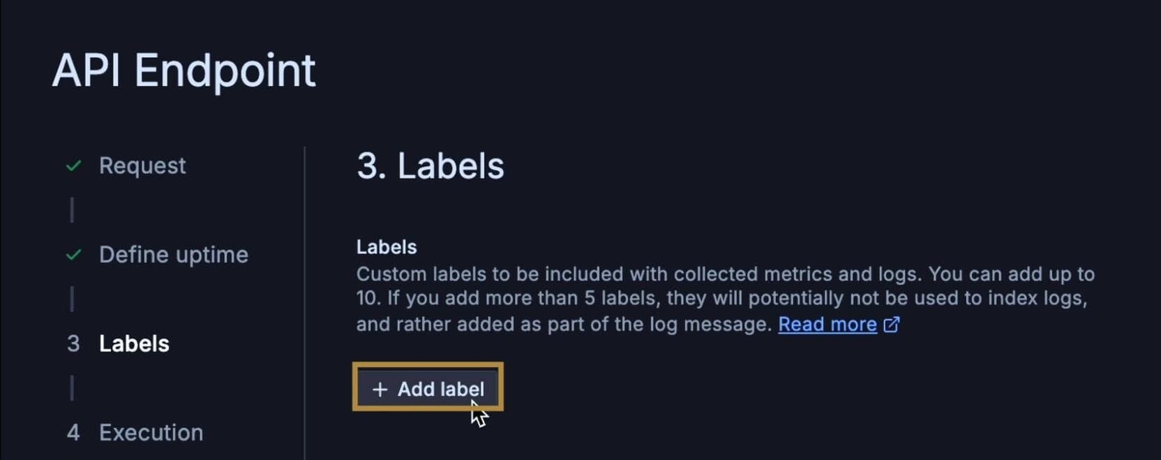 A screenshot of a Grafana Cloud interface titled "API Endpoint." It shows a section on "Labels" with a button labeled "+ Add label" highlighted.
