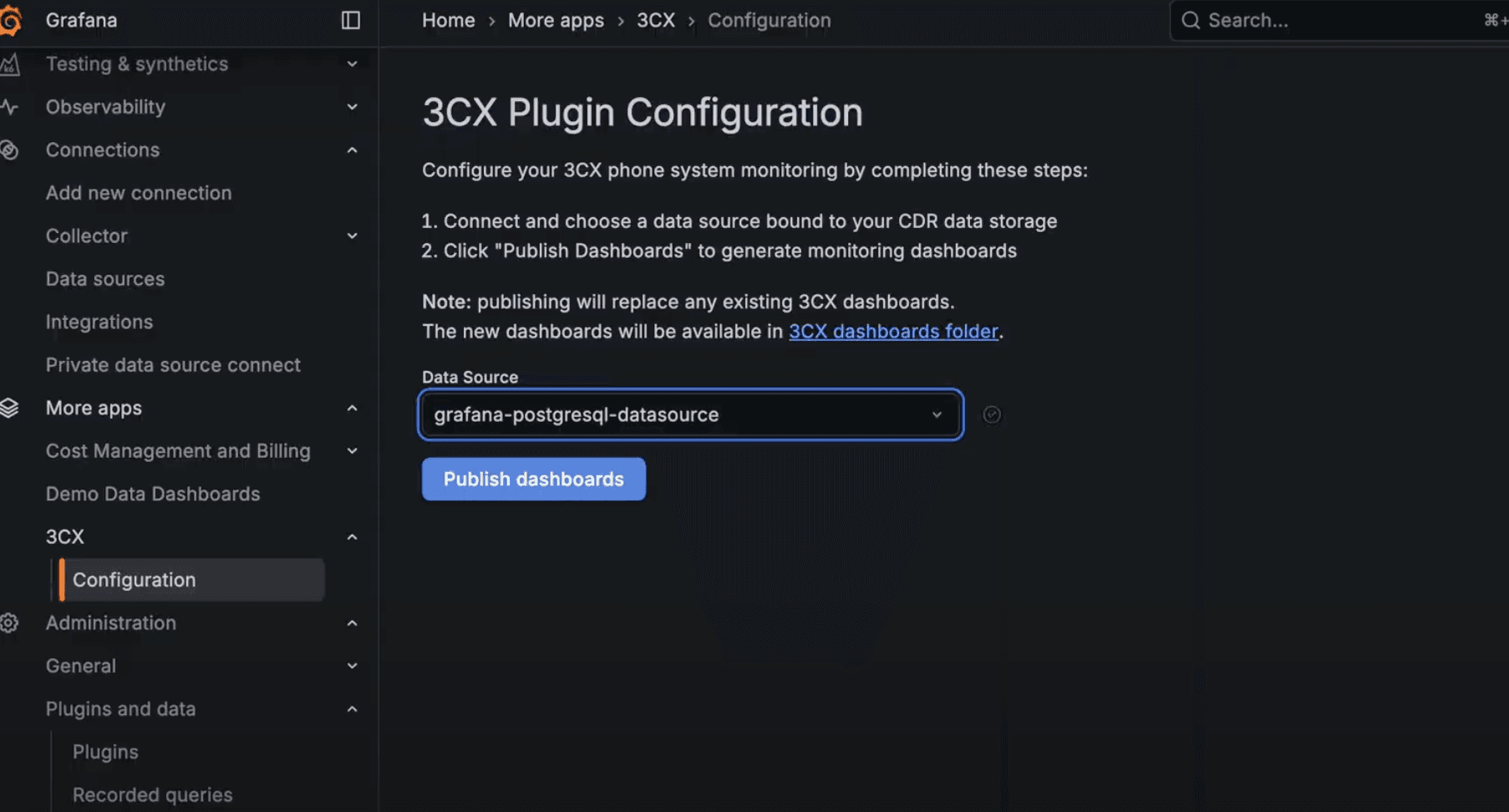 Screenshot of the 3CX Plugin Configuration in Grafana, showing steps to configure a 3CX phone system, with focus on data source selection.