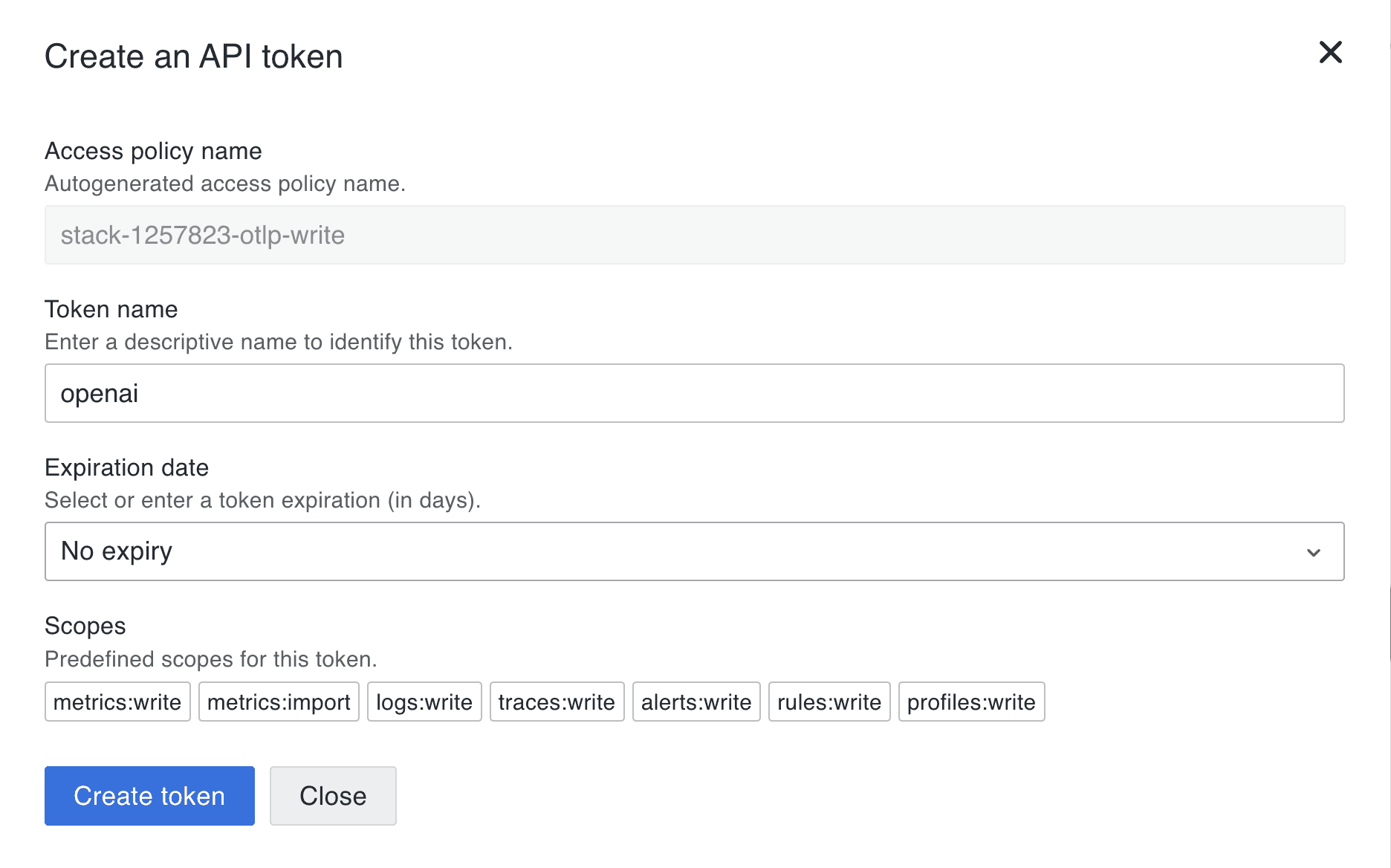 API token creation window with fields: "Access policy name," "Token name," "Expiration date," and writable scopes listed below.