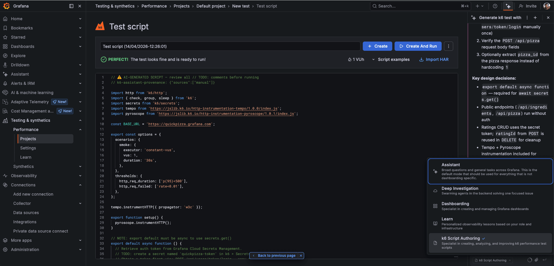 A screenshot of a Grafana Cloud interface that has a k6 test script on the left, and a Grafana Assistant window open on the right.