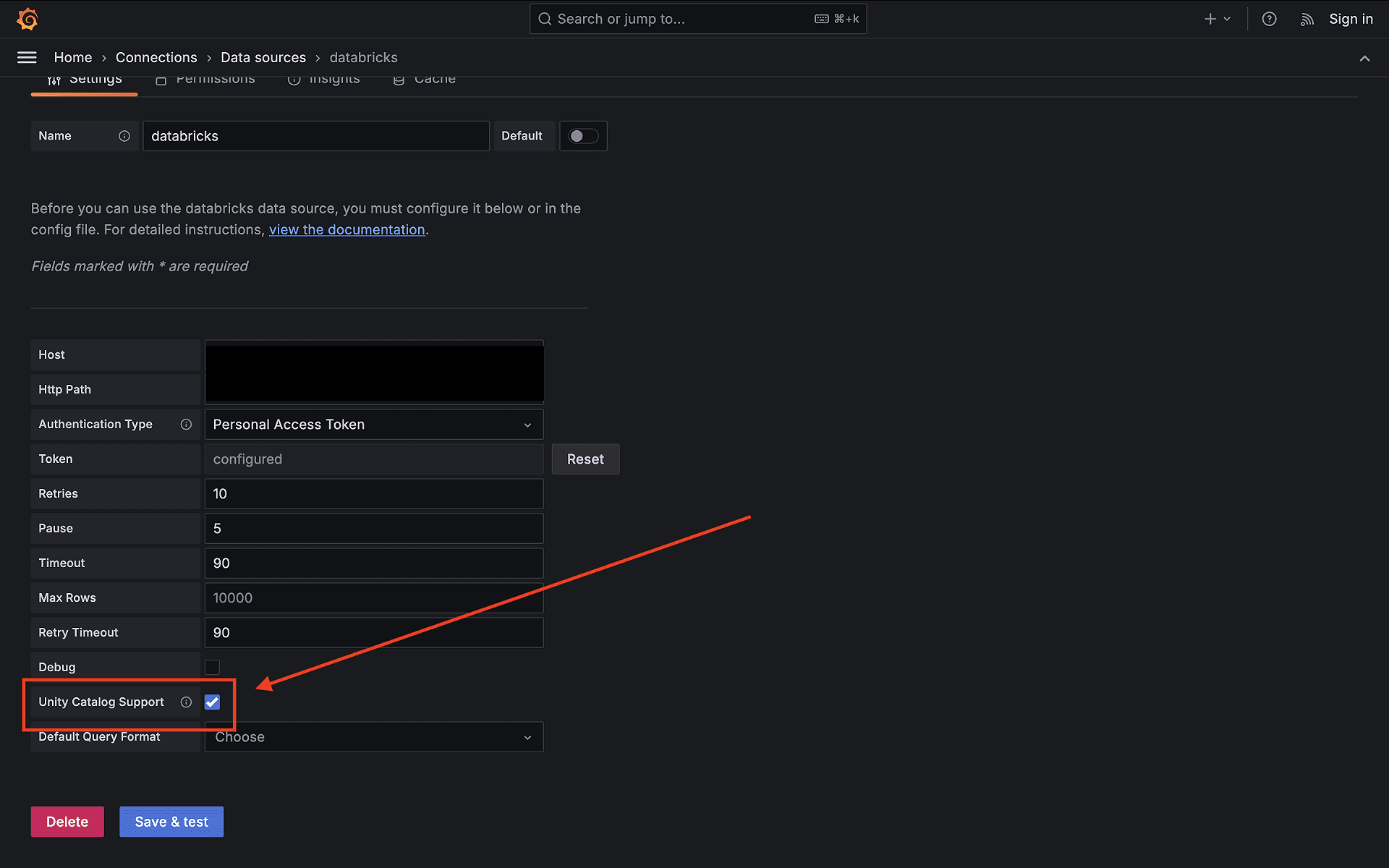 Settings interface for configuring the Databricks data source with Unity Catalog support.