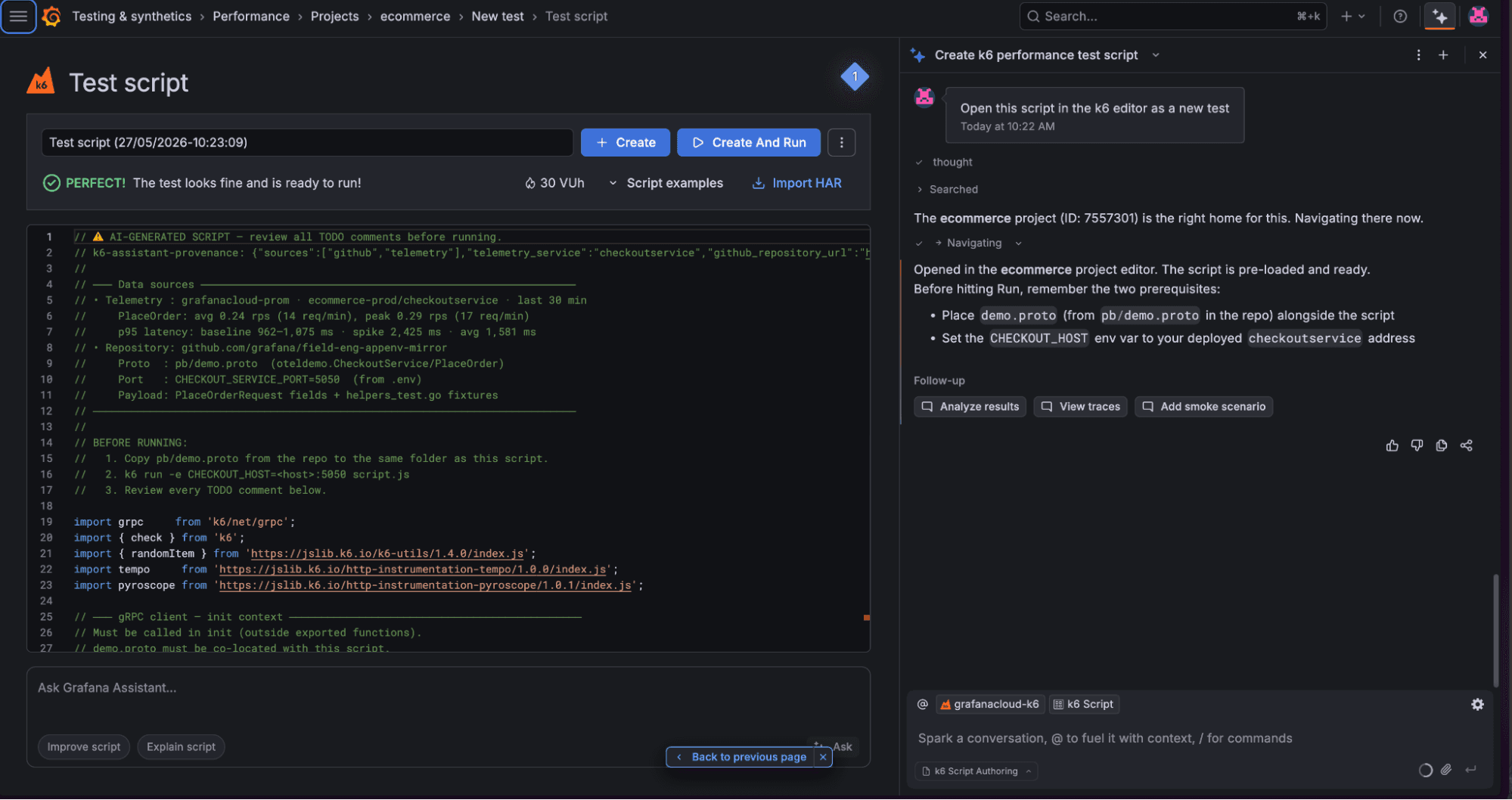 A screenshot of a Grafana Assistant prompt on the right and the generated k6 test script on the left.