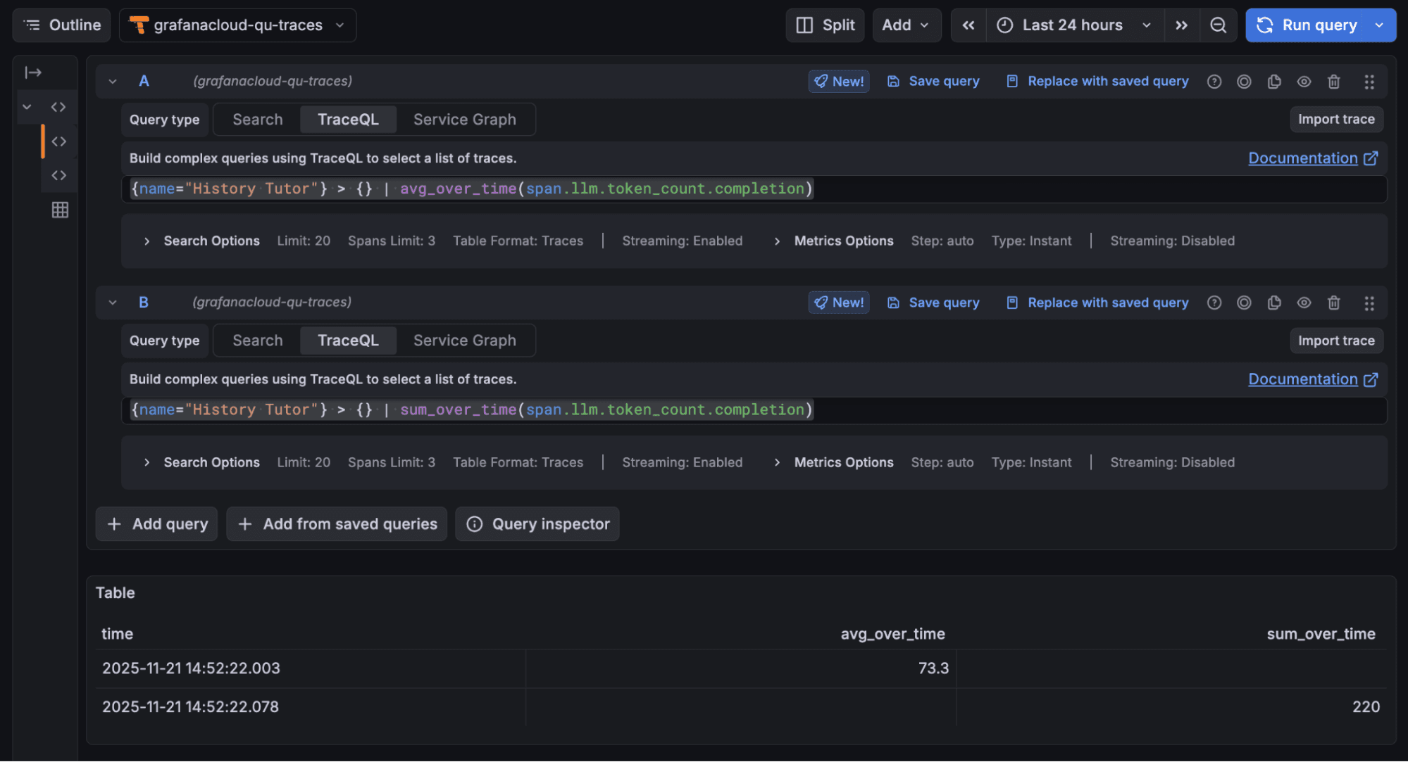 A Grafana Cloud UI displaying query setups and results for a service graph analysis, including metrics for trace time and average over time.