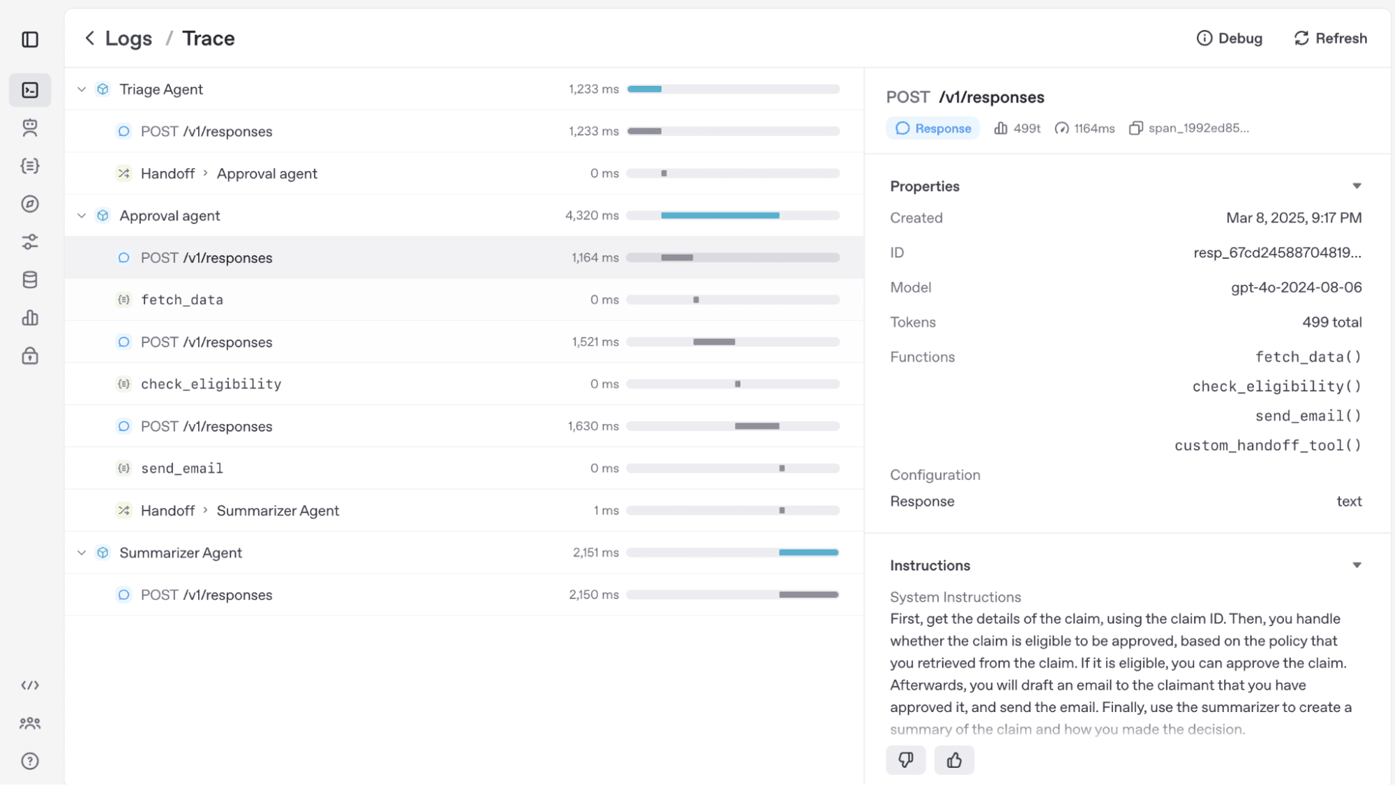 Screenshot of a web dashboard displaying trace logs for various processes, including timelines and a detailed properties and instructions section.