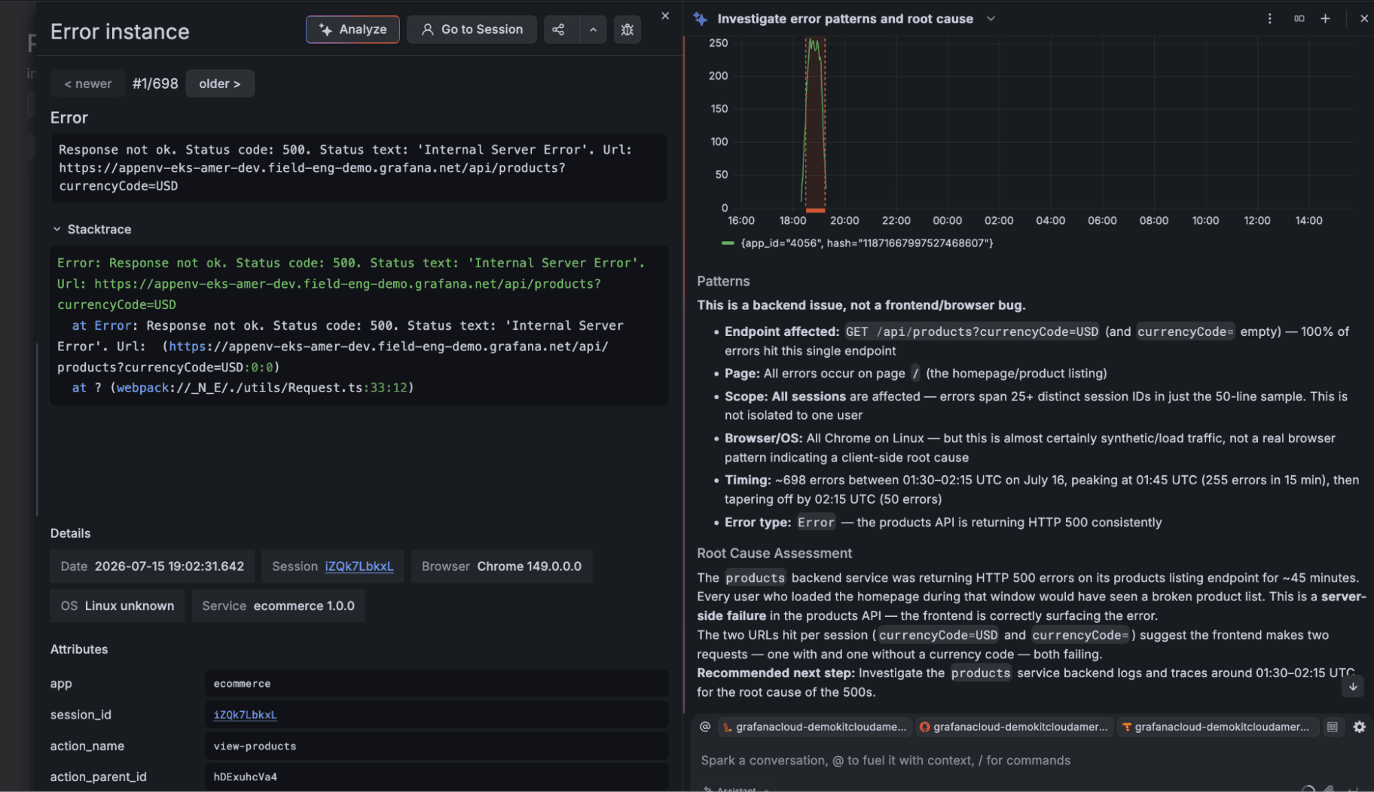 A screenshot of the error view in Frontend Observability, with Assistant opened on the right-hand side to investigate error patterns.