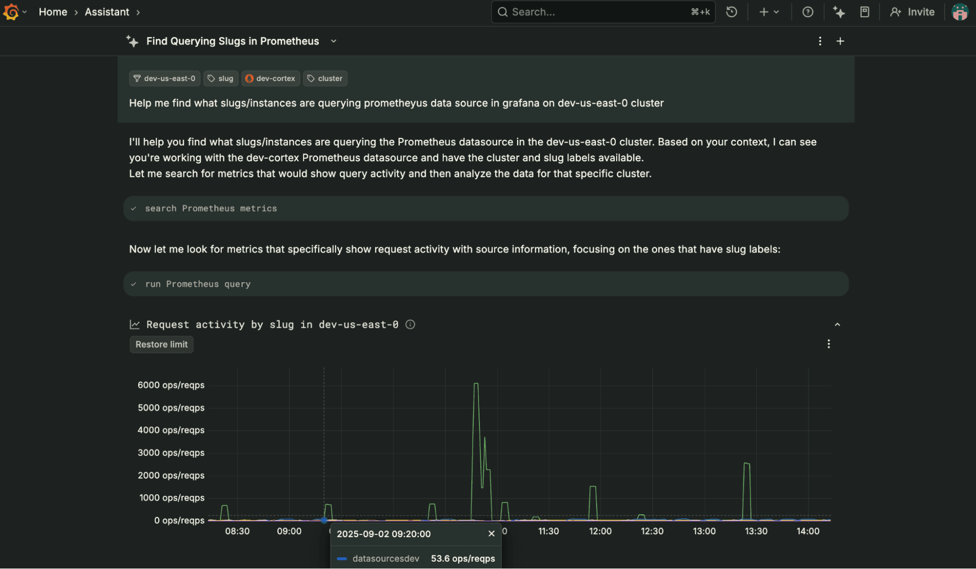 Dashboard interface showing a Grafana query for Prometheus data on a dev cluster, with a line graph displaying request activity by slug.