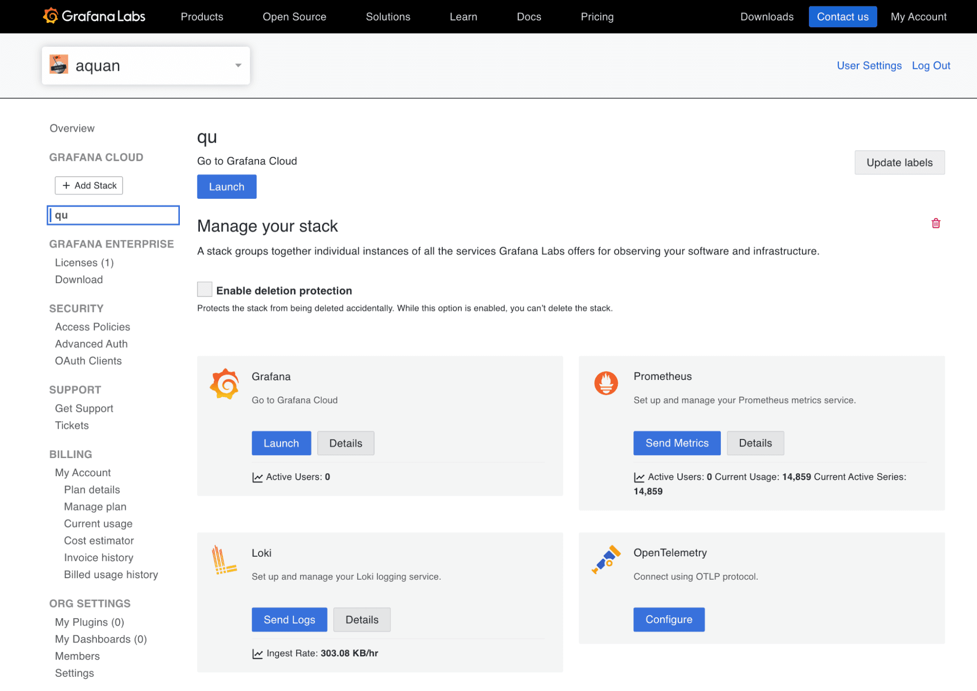 Grafana Cloud interface showing options for Grafana, Prometheus, Loki, and OpenTelemetry with various settings and actions.