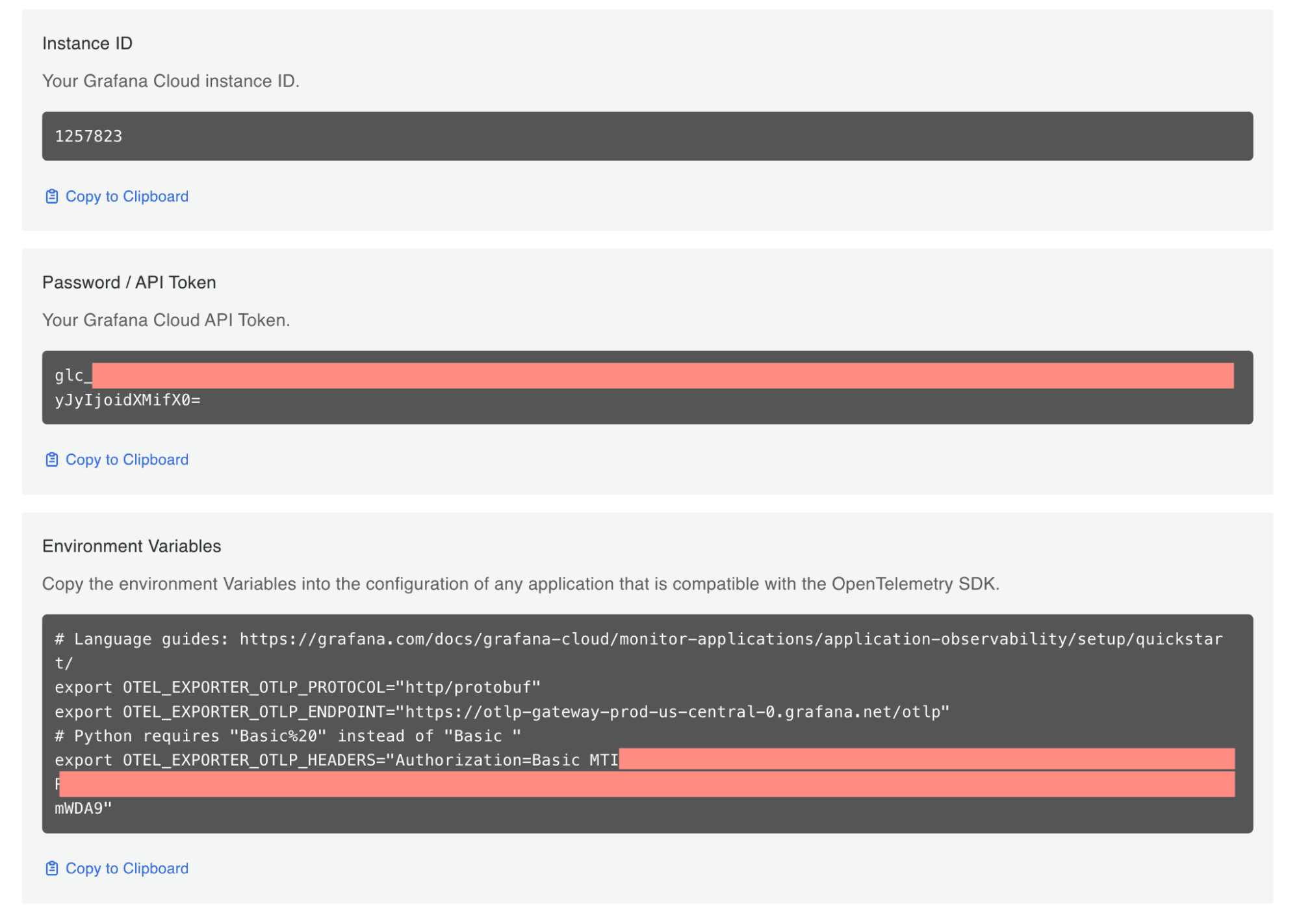 An interface displaying Grafana Cloud setup information, including instance ID, API token, and environment variables with a copy option.
