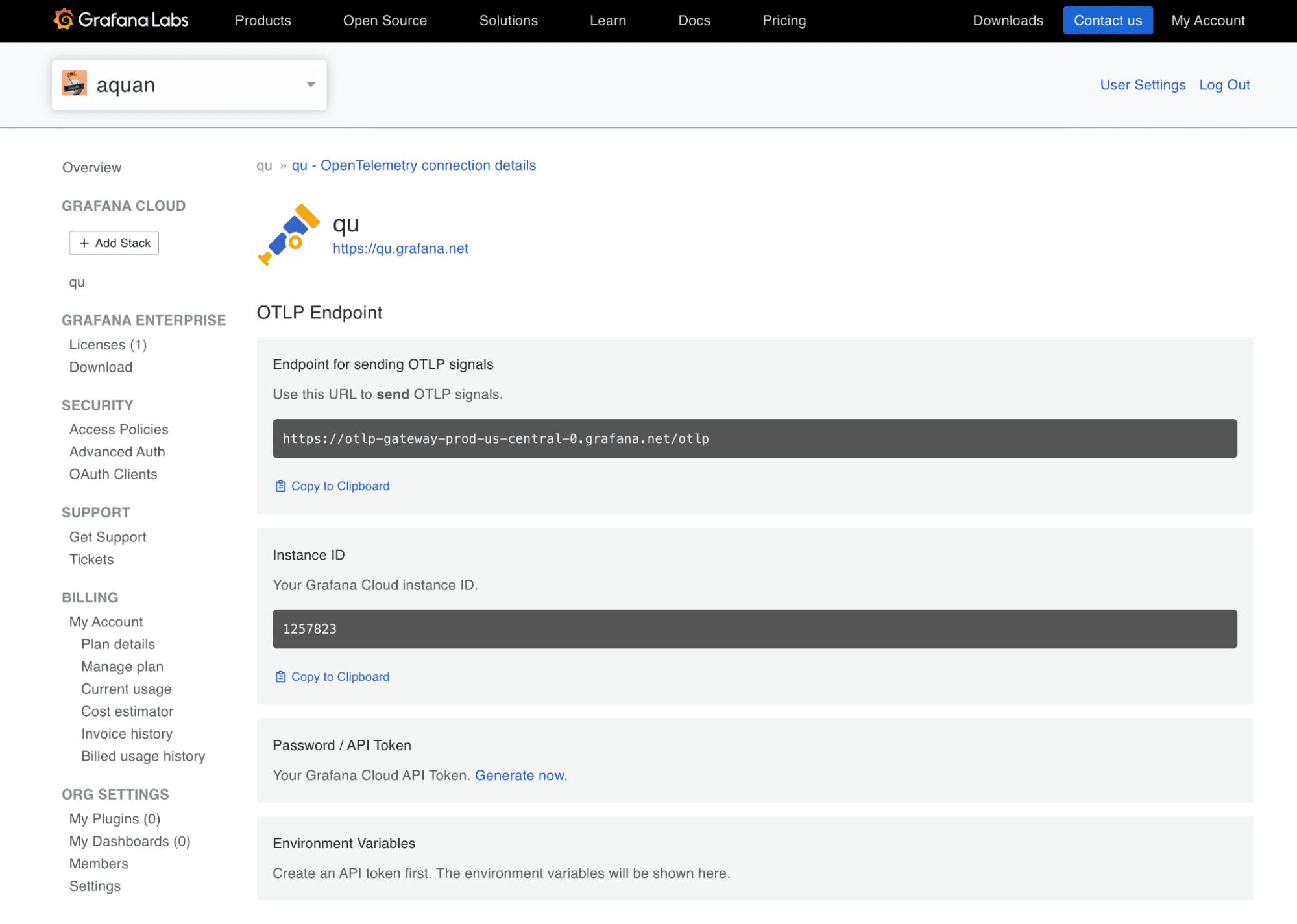 Screenshot of Grafana Cloud UI showing an OTLP endpoint URL, instance ID, password/API token, and environment variables section.