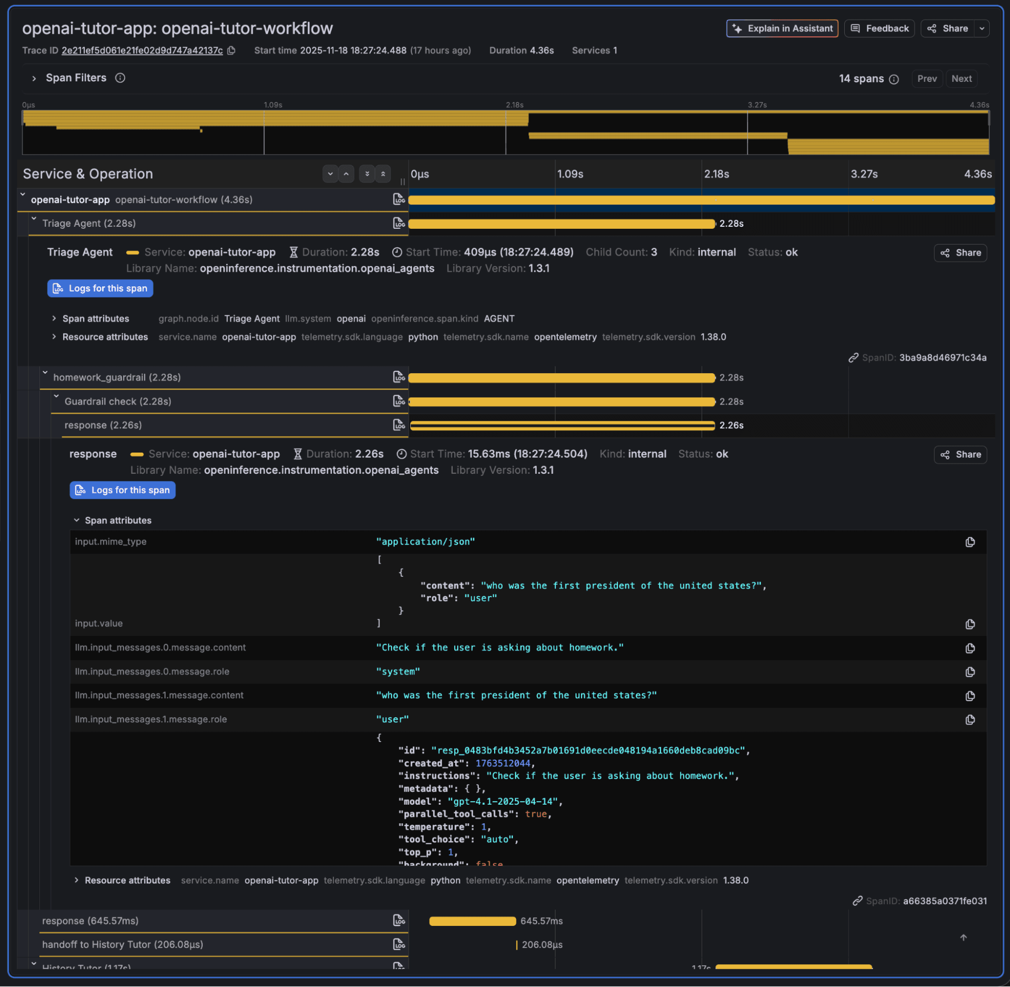 A dark-themed user interface showing detailed graphs and logs related to an application workflow, with highlighted JSON code and selection options.