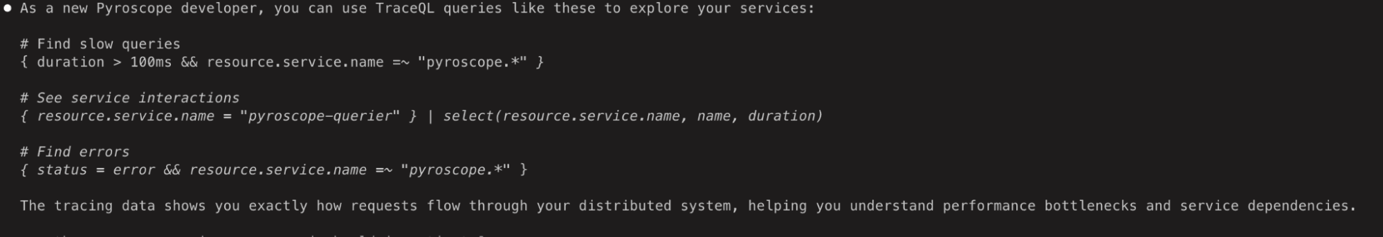 Code snippet showing TraceQL queries for finding slow queries, service interactions, and errors in a distributed system.