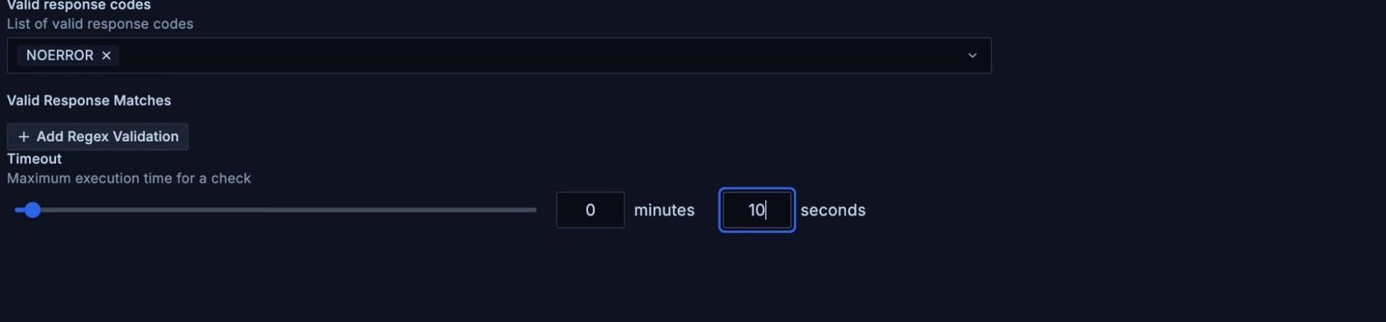 Grafana Cloud interface showing settings for response codes and timeout, with fields for minutes and seconds set to 0 and 10, respectively.