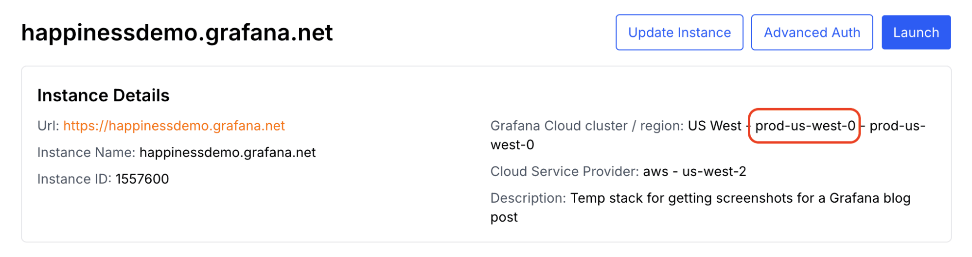 Screenshot of the Grafana Cloud UI with a red circle around the prod-us-west-0 cluster