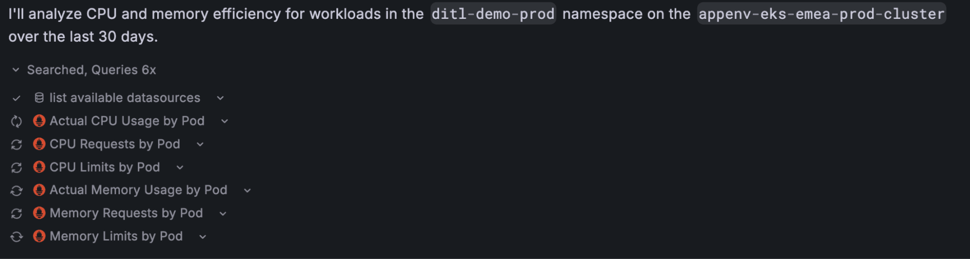 Interface showing CPU and memory metrics for workloads in the ditl-demo-prod namespace over 30 days on appenv-eks-emea-prod-cluster.