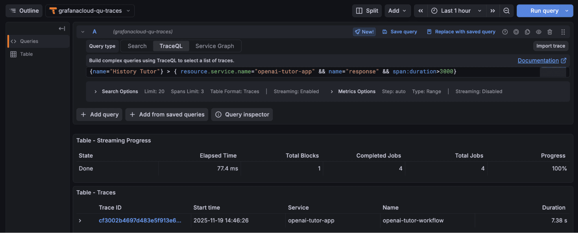 Grafana Cloud dashboard showing a completed query with results for "openaai-tutor-app" in Grafana, including table metrics like elapsed time and total jobs.