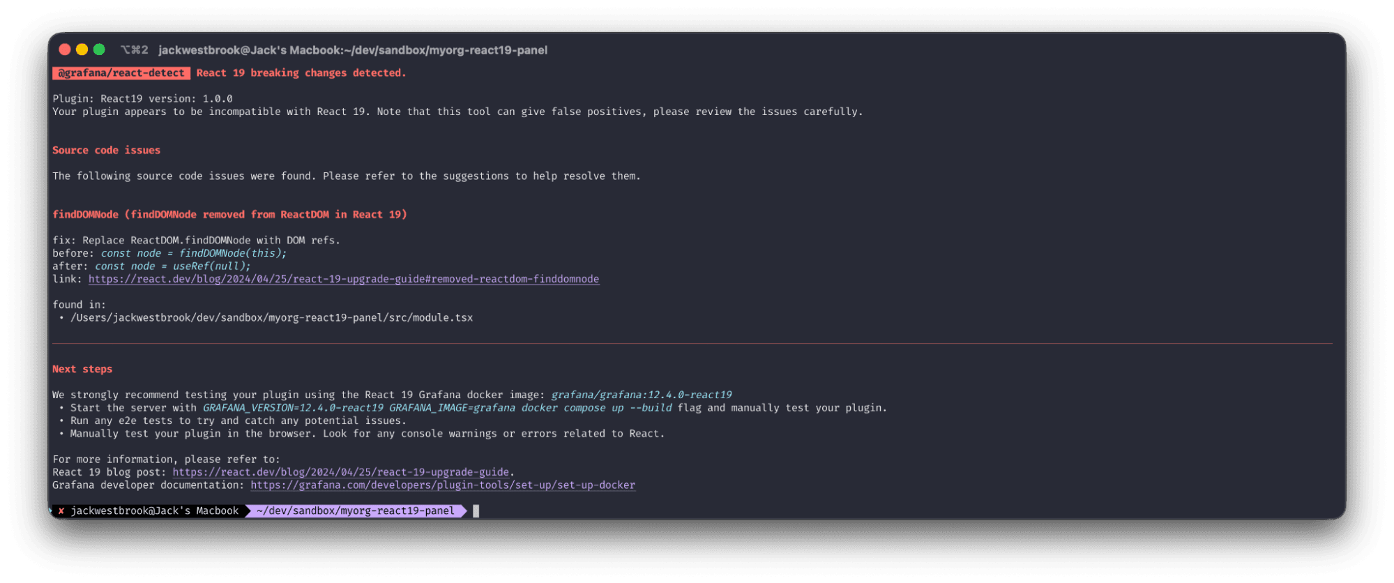 A terminal window displaying error messages and saying that React 19 breaking changes have been detected due to source code issues.