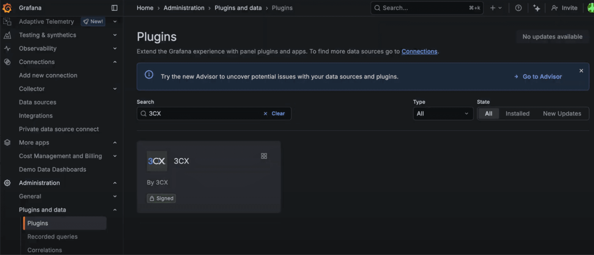 Grafana plugin interface showing the 3CX plugin highlighted, with options for filtering by type and status.