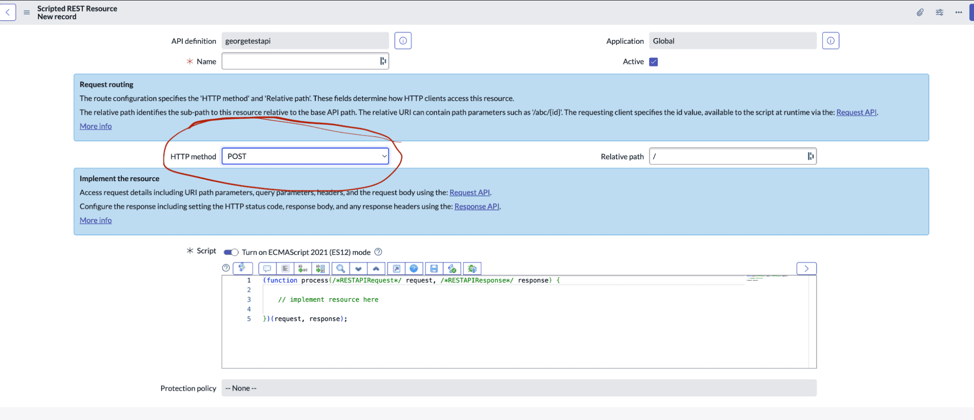 ServiceNow screenshot showing the Post HTTP method selection circled