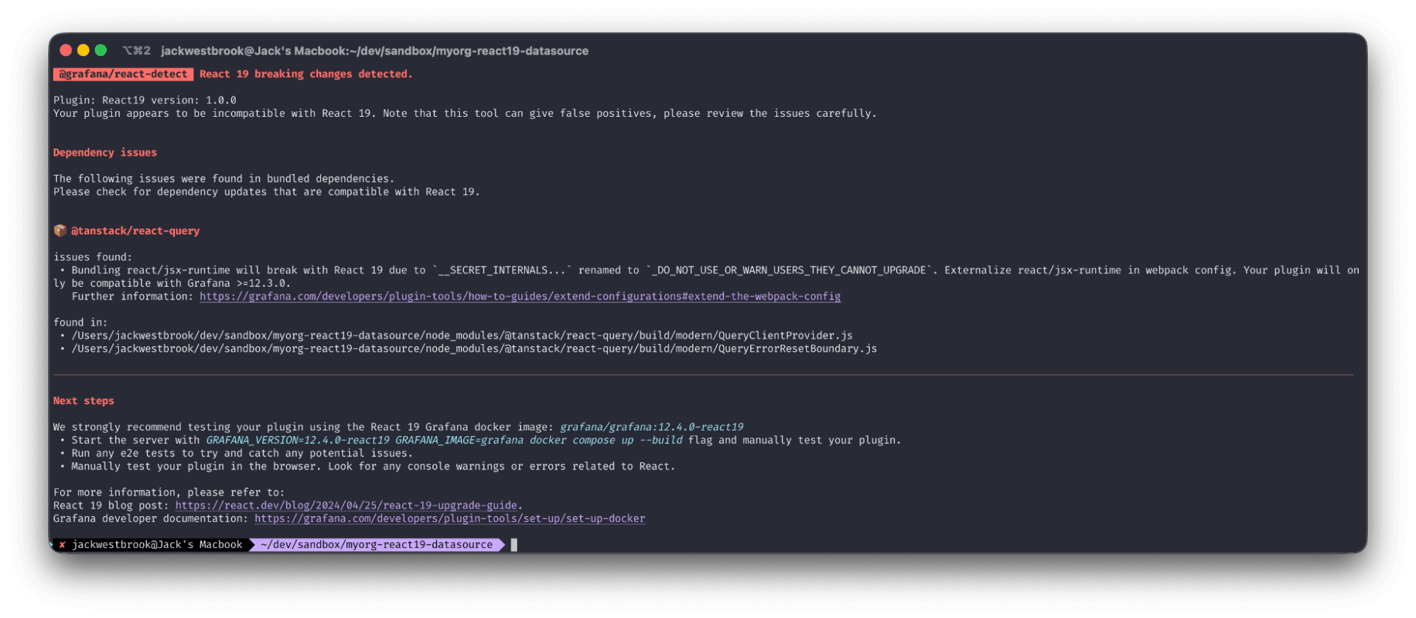 Terminal screenshot showing an error message saying that React 19 breaking changes have been detected due to dependency issues.