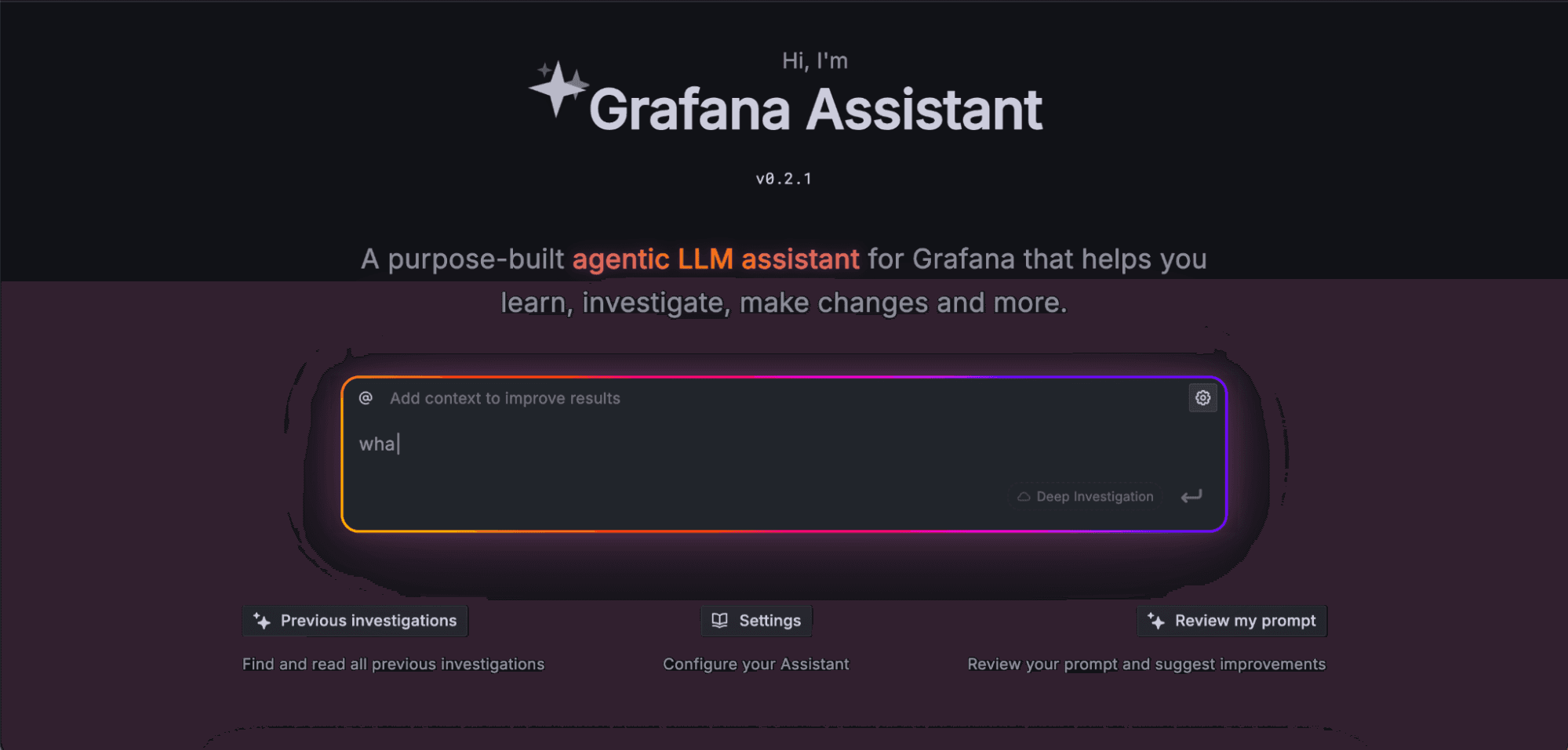 Screenshot of Grafana Assistant interface, featuring a text input box with a dark theme and colorful outline, and various menu options.